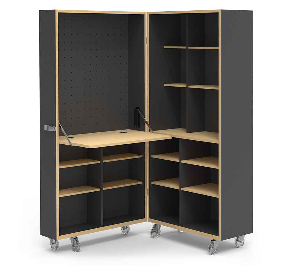 作業台の正面には有孔ボードを備え、欲しい時にすぐ手に取れて収納そのものがインテリアの一部になる 作業台の下や横にも十分な収納スペースを確保